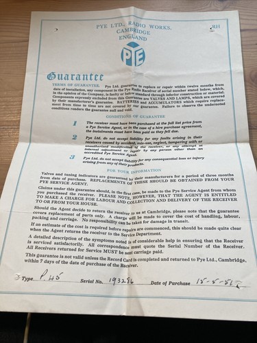 1956 pye radio guarantee - pye,